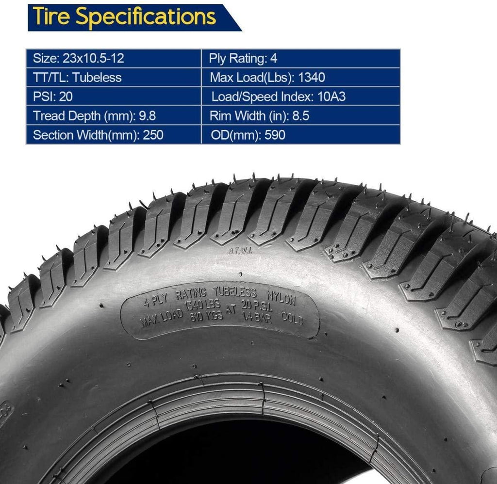Set of 4 Lawn Mower Turf Tires 16x6.5-8 Front & 23x10.5-12 Rear 4PR Tubeless