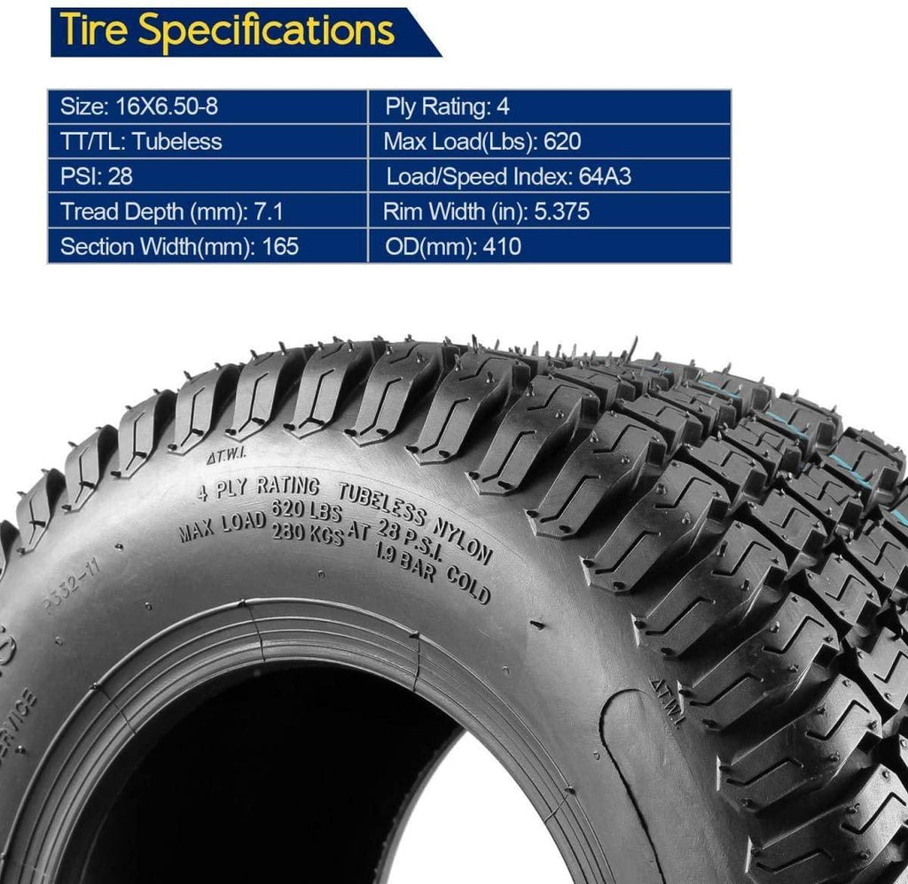 Set of 4 Lawn Mower Turf Tires 16x6.5-8 Front & 23x10.5-12 Rear 4PR Tubeless