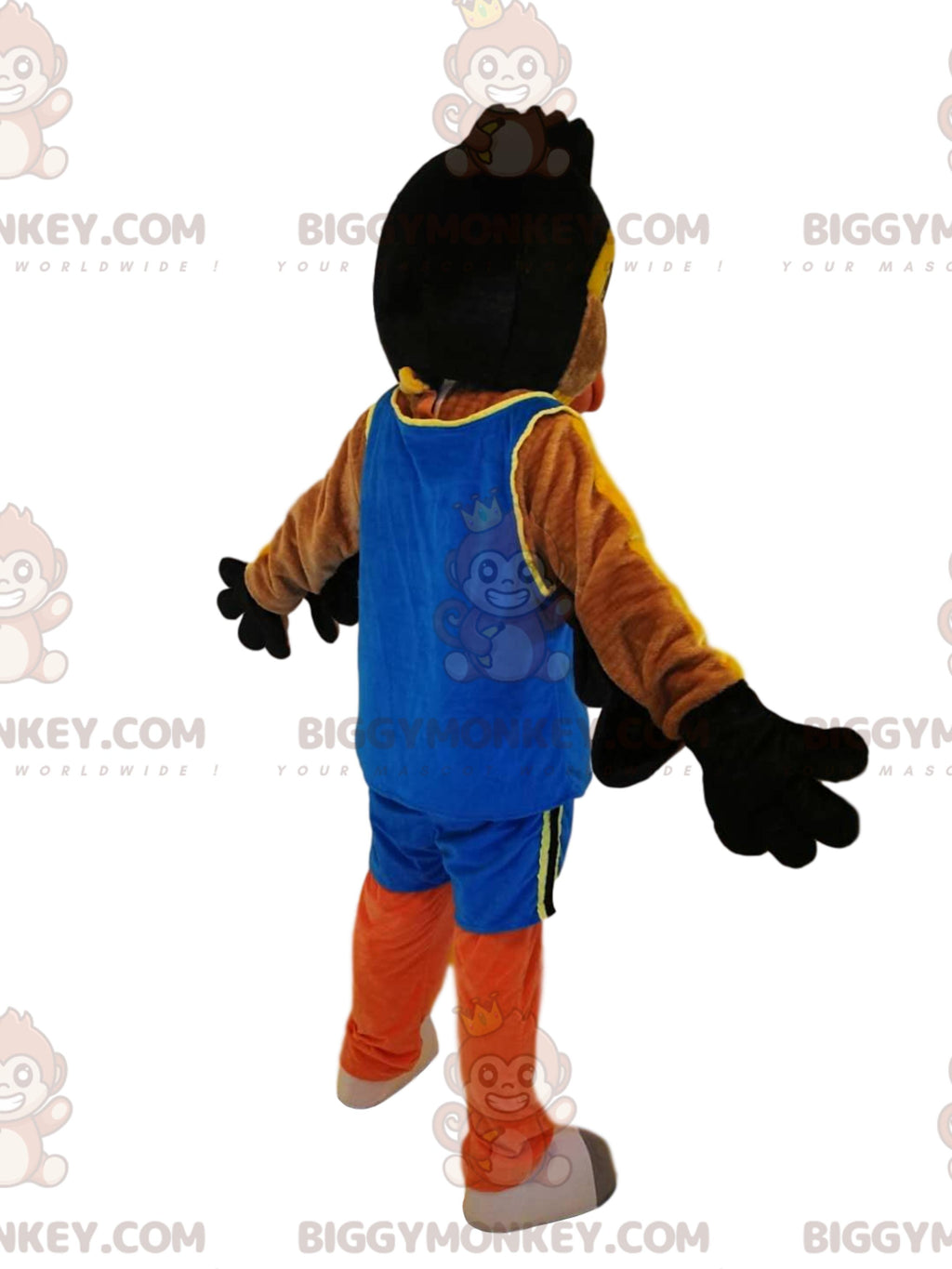BIGGYMONKEYmascot costume of yellow and black bird, in blue sportswear