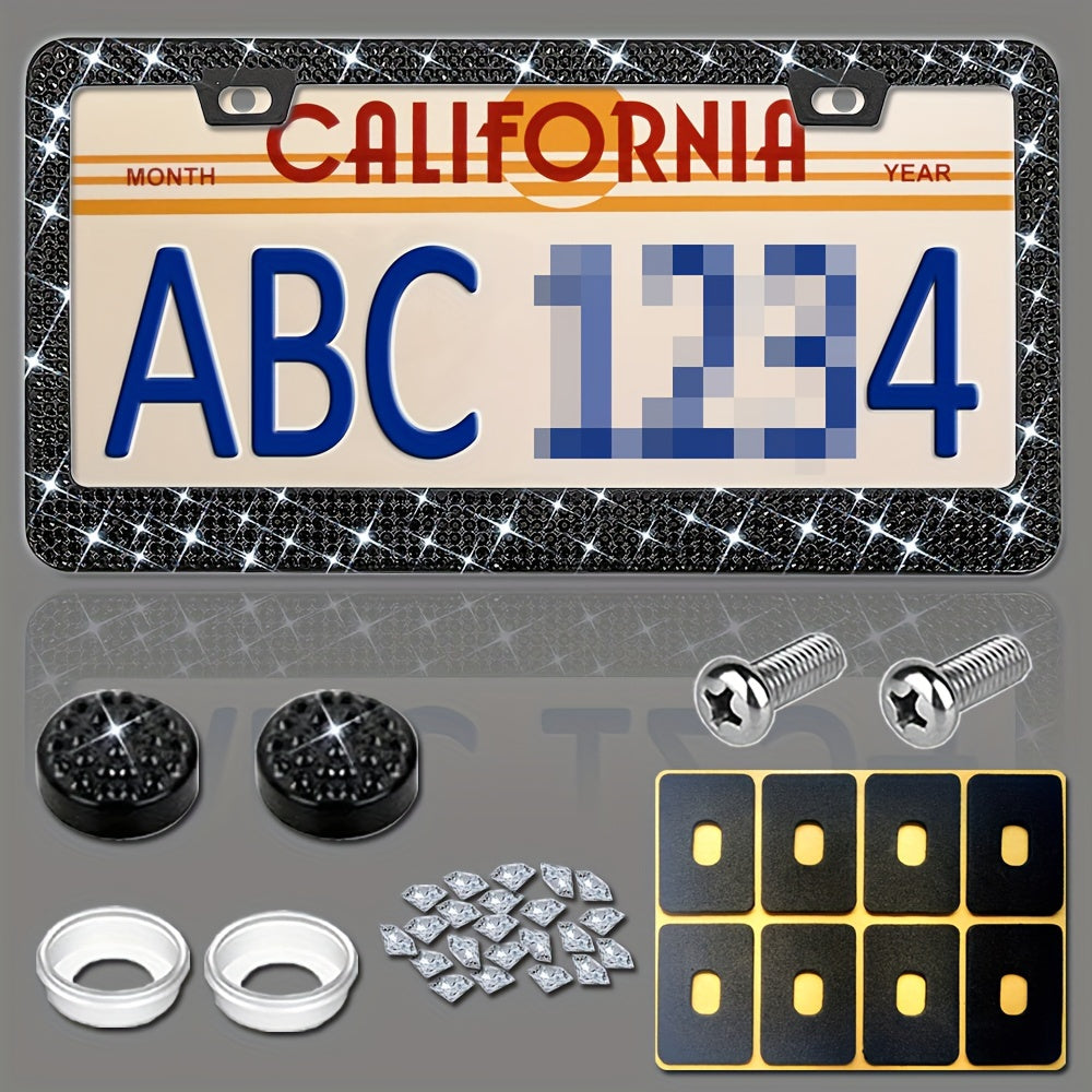 1 Pc Bling  License Plate Frames - Glass Rhinestone Car Tag Holder For Women,Metal Rhinestone Sparkly Car Plate Frame With Bolts,Bling Screws Caps