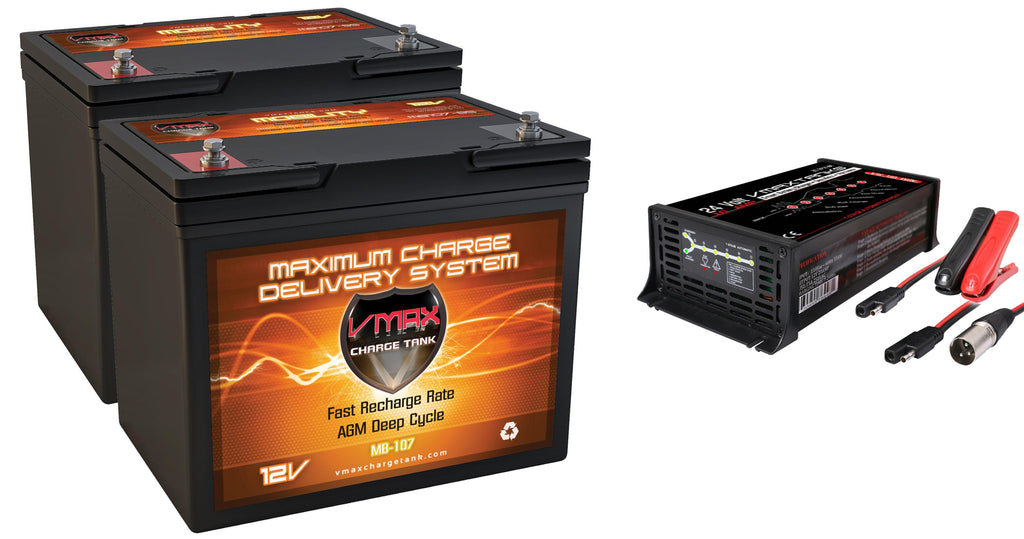 2 VMAX MB107-85 12V 85ah Group 24 AGM Batteries + BC2410XMA Smart Charger 24V 10A 3 Pin Male XM for Permobil Chairman Wheelchair
