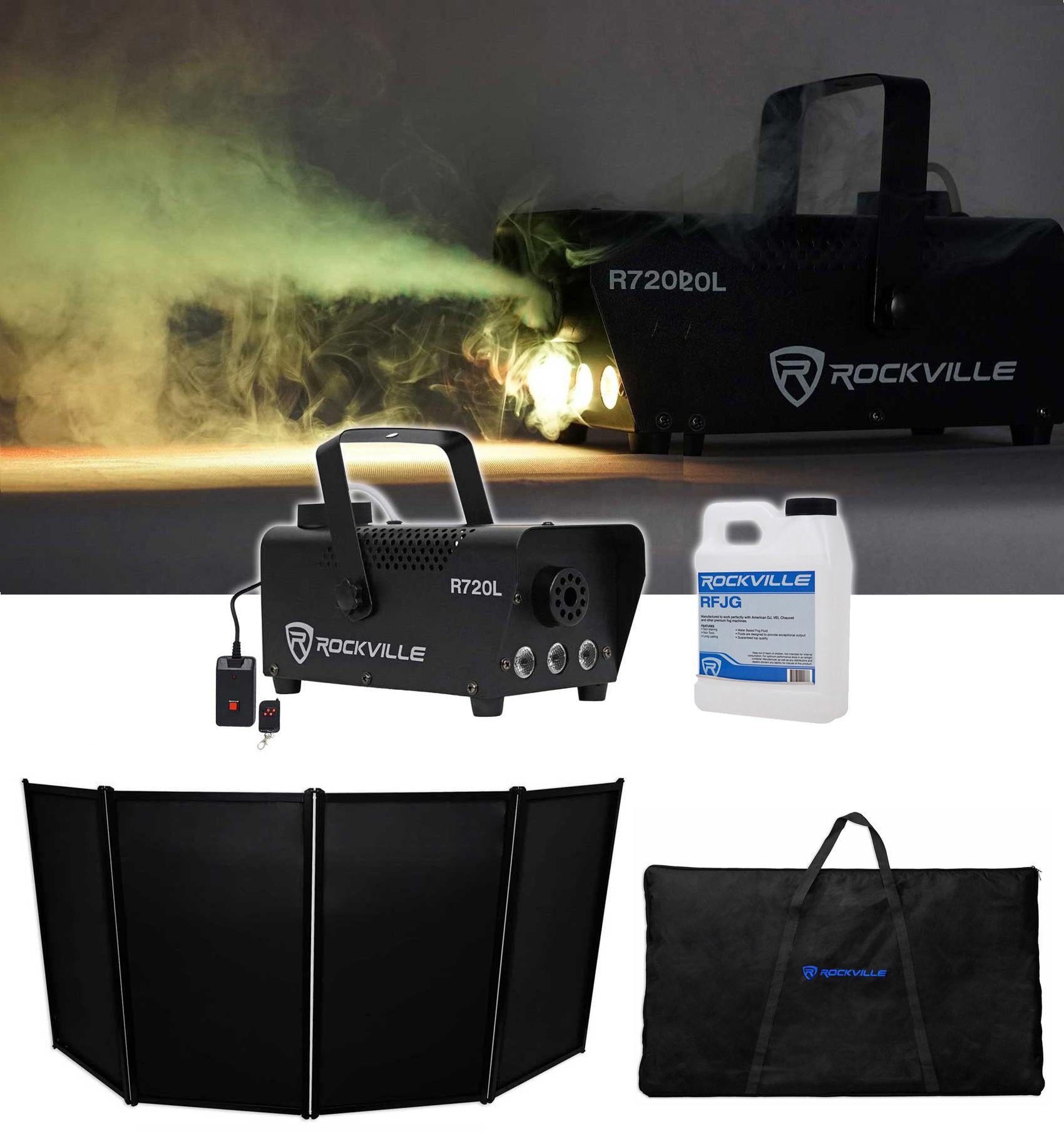 Rockville RFAAB DJ Event Facade Booth+Travel Bag+Scrim+LED Fog Machine+Juice