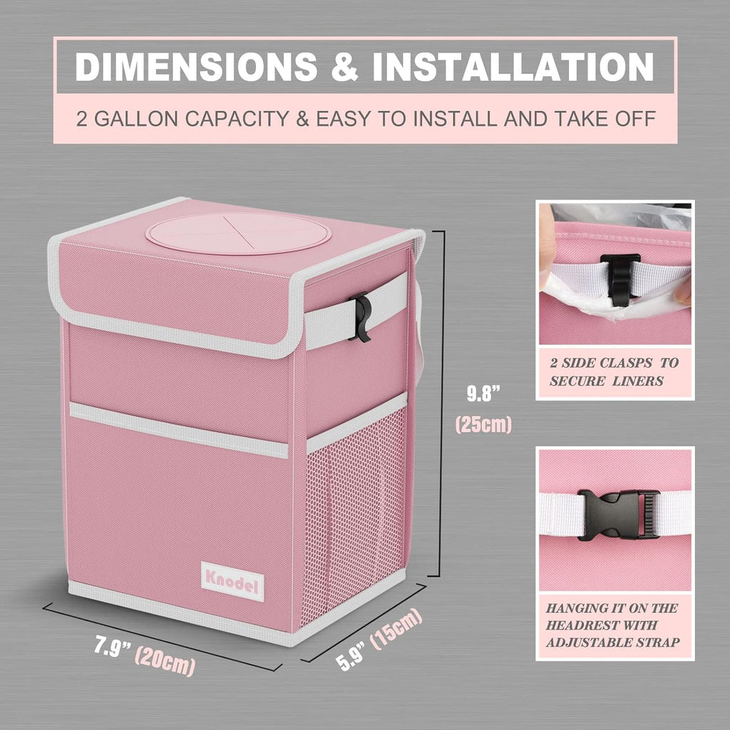 K KNODEL Car Trash Can, Waterproof Garbage Bag with Lid, Leak-Proof Car Trash Bin, Car Trash Hanging (Pink, Medium)