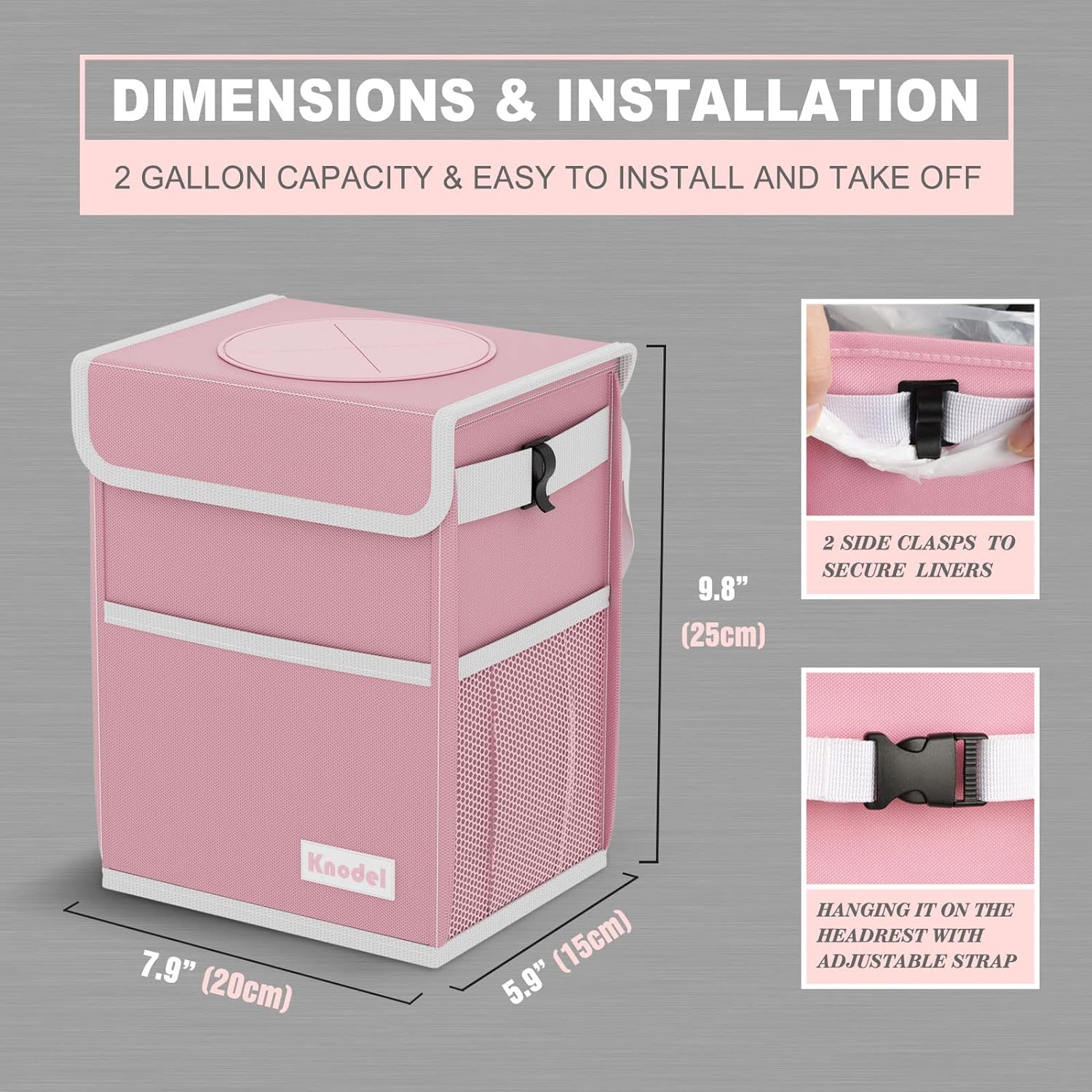 K KNODEL Car Trash Can, Waterproof Garbage Bag with Lid, Leak-Proof Car Trash Bin, Car Trash Hanging (Pink, Medium)