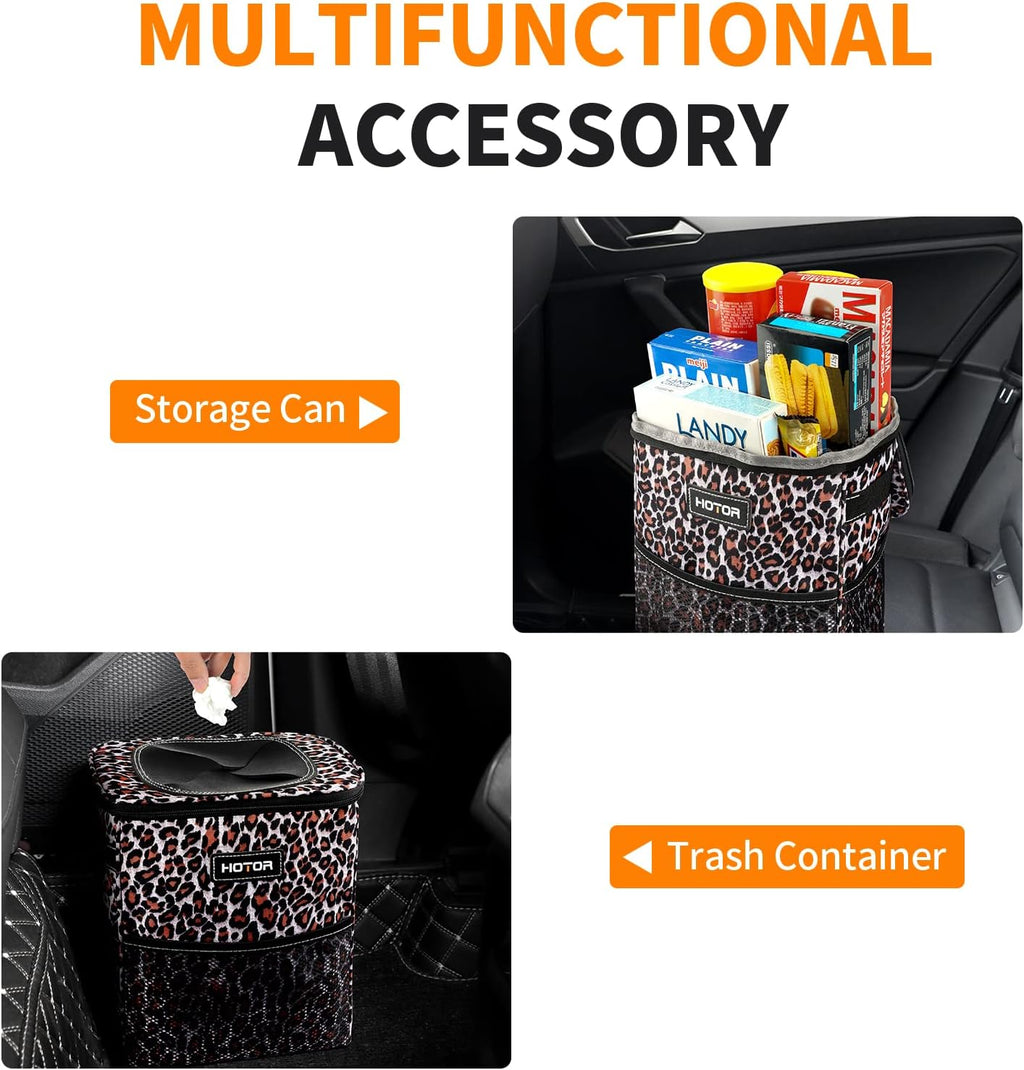 HOTOR Car Trash Can, Multifunctional &amp; Fashionable Car Accessory for Interior Use for Women, Waterproof Car Organizer and Storage Bag with Adjustable Straps, Magnetic Buckles (Leopard-Print Brown)