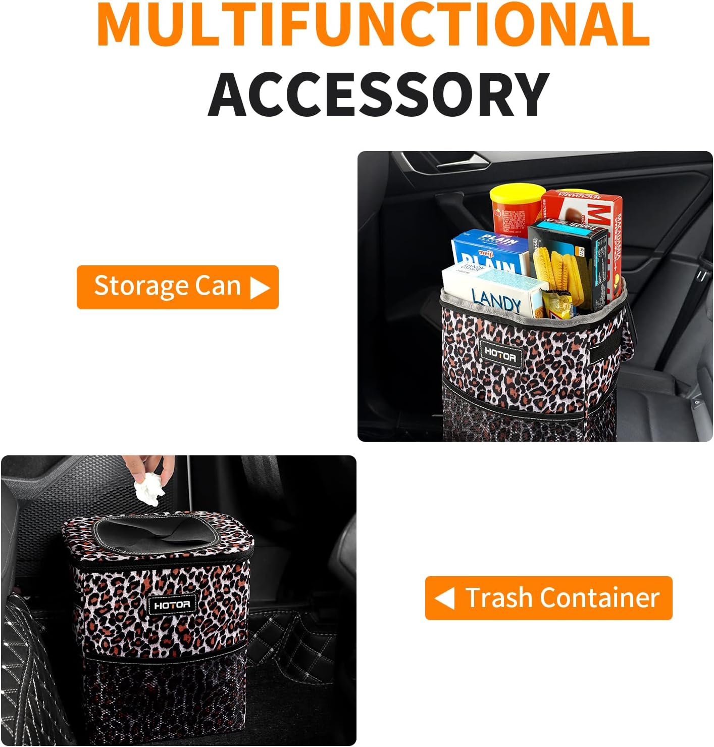 HOTOR Car Trash Can, Multifunctional &amp; Fashionable Car Accessory for Interior Use for Women, Waterproof Car Organizer and Storage Bag with Adjustable Straps, Magnetic Buckles (Leopard-Print Brown)