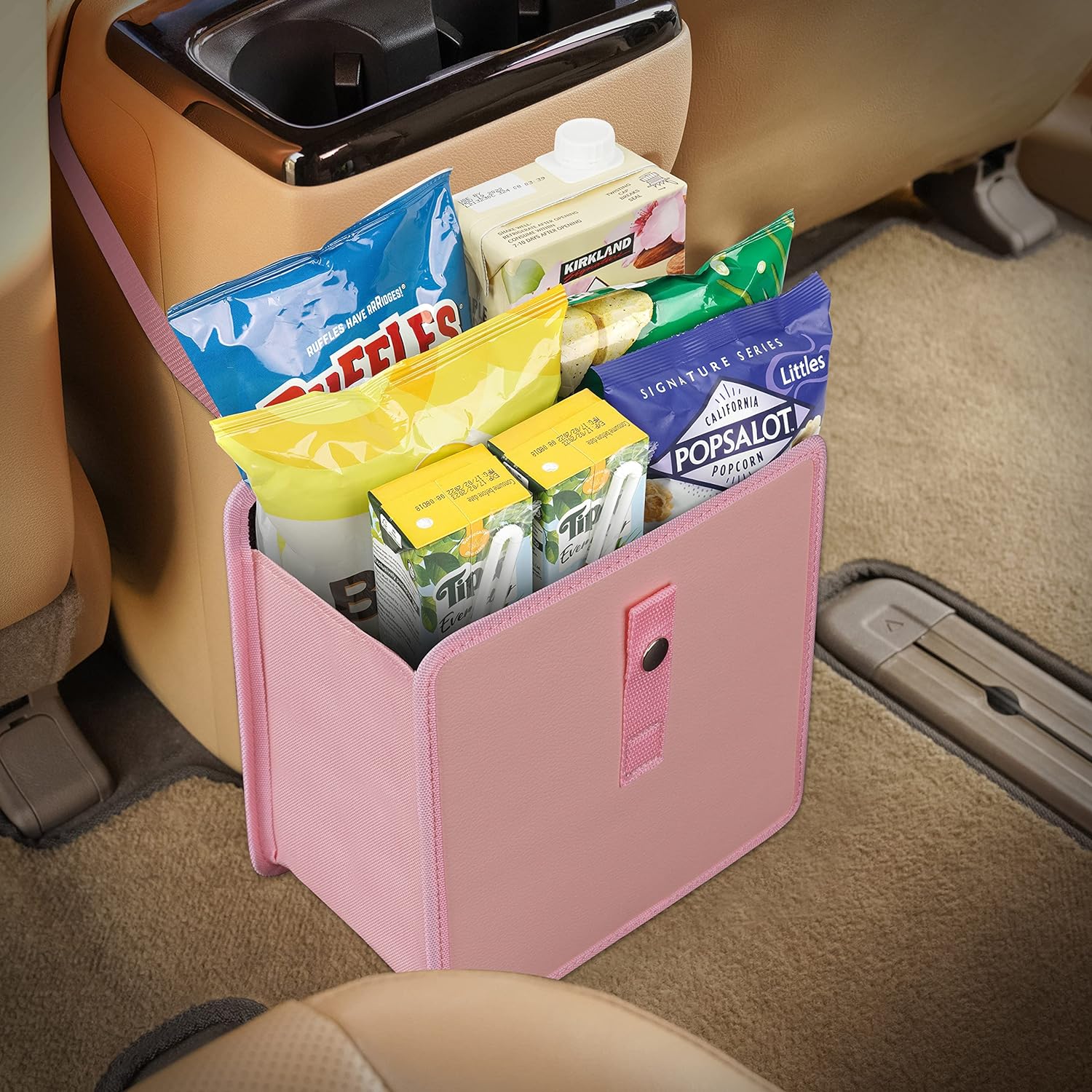 KMMOTORS Foldable Hanging Car Trash Can Pink, Car Trash Bag, Car Trash bin, Vegan Leather and Oxford Clothes Car Organizer, Cute car Gadgets (Medium, Pink)
