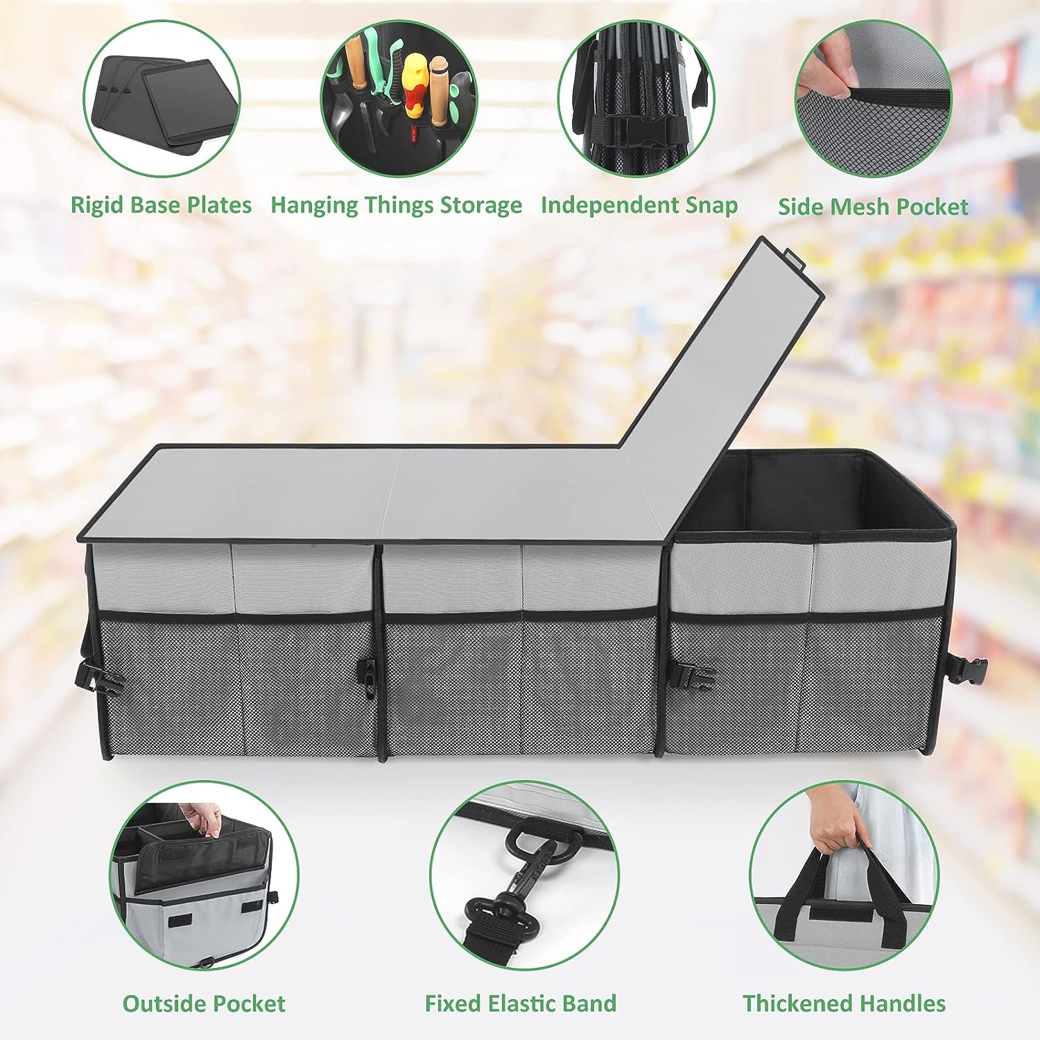 Simniam Car Trunk Organizer with Insulated Grocery Bag- 92L High Capacity Car Storage Box, with 4 Compartments, Reflective Strip, Cover, for Auto, SUV, Truck, Minivan