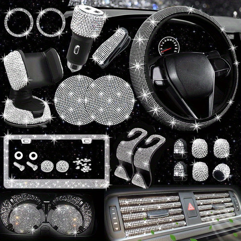 27pcs Bling Car Accessories Set For Women, Bling Steering Wheel Covers Universal Fit 15 Inch, Bling License Plate Frame,  Phone Holder, Car Coasters