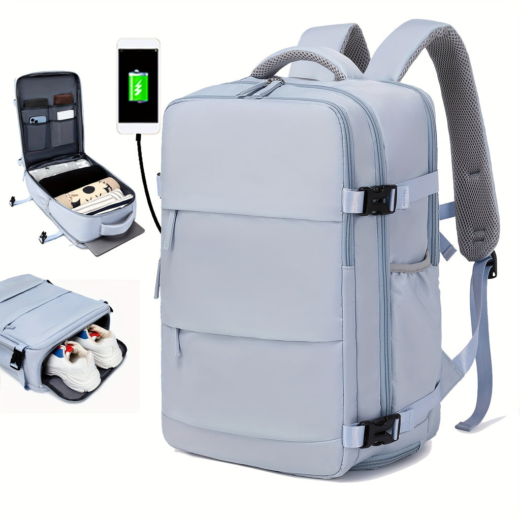 LarCapacity Travel Backpack With Shoe Compartment, Dacron Lightweight Laptop Daypack With Charging Port, Fashion Travel Commuter Bag