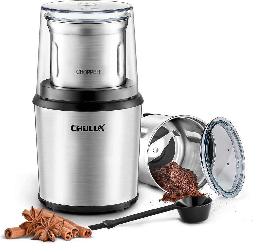CHULUX Coffee Grinder Electric,Built-In Sharp Blade Spice Grinder with 2 Detachable Stainless Steel Bowls for Coffee, Spices, Herbs, Nuts, Grains,Lid Actived Safety Switch