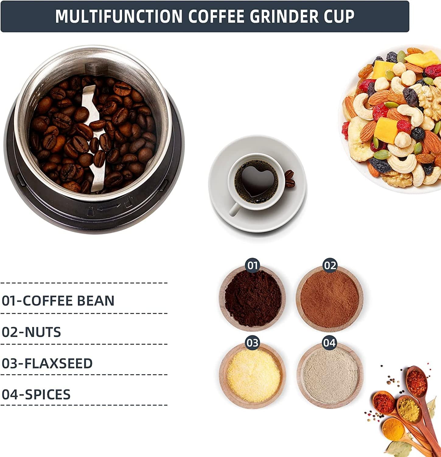 CHULUX Coffee Grinder Electric,Built-In Sharp Blade Spice Grinder with 2 Detachable Stainless Steel Bowls for Coffee, Spices, Herbs, Nuts, Grains,Lid Actived Safety Switch