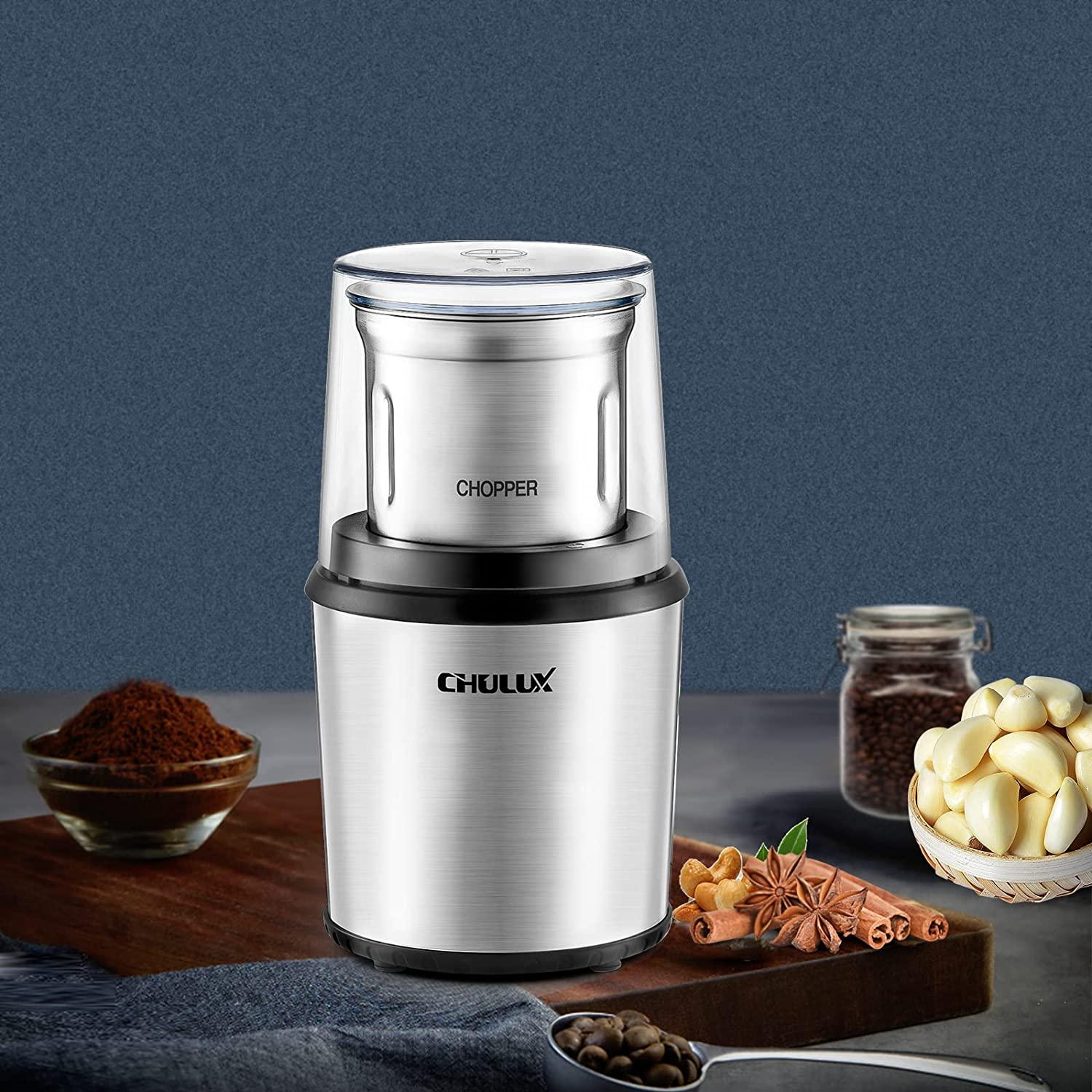 CHULUX Coffee Grinder Electric,Built-In Sharp Blade Spice Grinder with 2 Detachable Stainless Steel Bowls for Coffee, Spices, Herbs, Nuts, Grains,Lid Actived Safety Switch