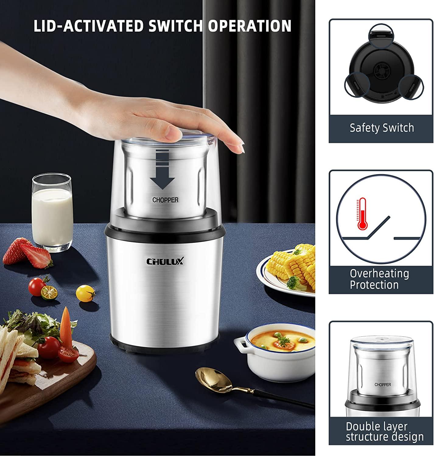 CHULUX Coffee Grinder Electric,Built-In Sharp Blade Spice Grinder with 2 Detachable Stainless Steel Bowls for Coffee, Spices, Herbs, Nuts, Grains,Lid Actived Safety Switch
