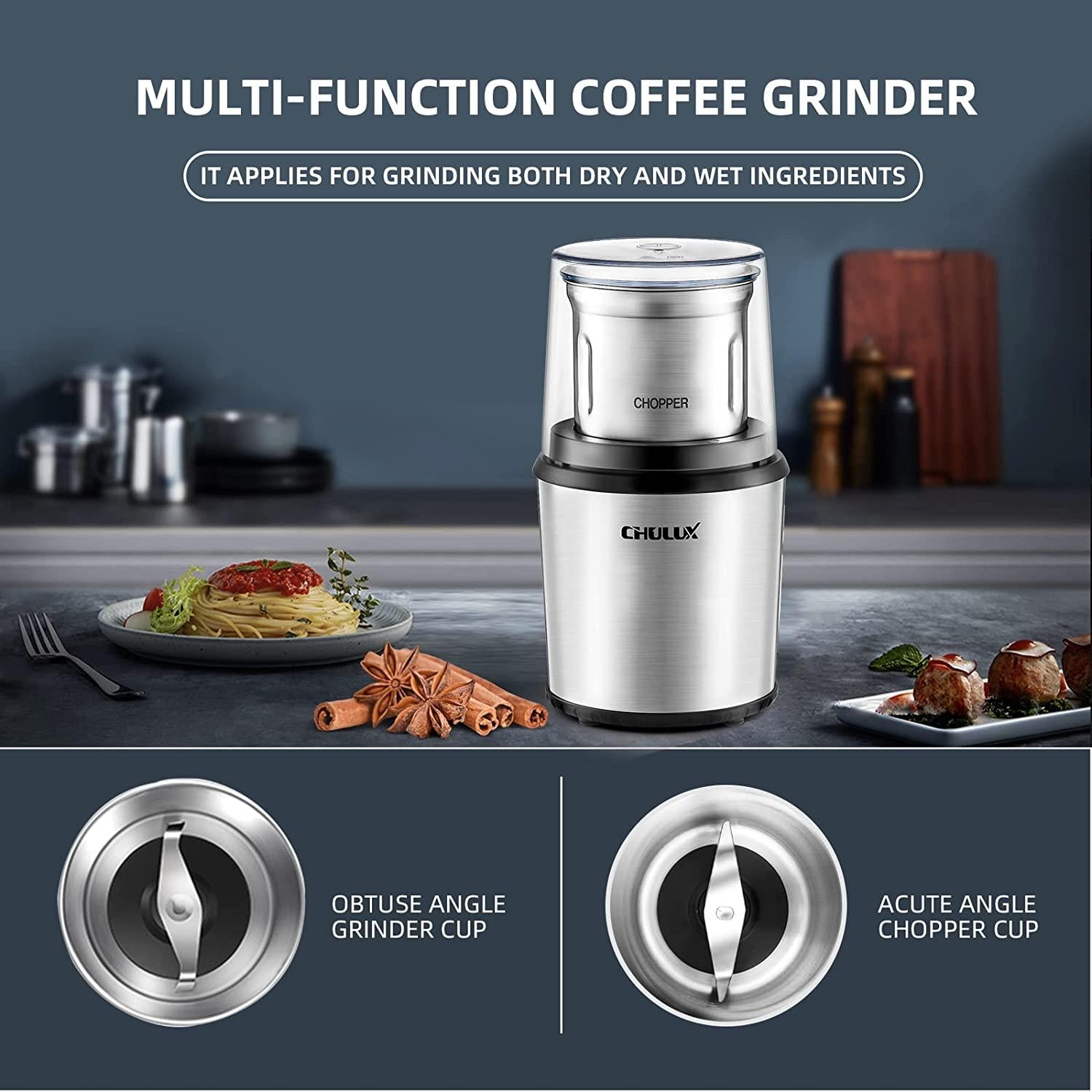 CHULUX Coffee Grinder Electric,Built-In Sharp Blade Spice Grinder with 2 Detachable Stainless Steel Bowls for Coffee, Spices, Herbs, Nuts, Grains,Lid Actived Safety Switch