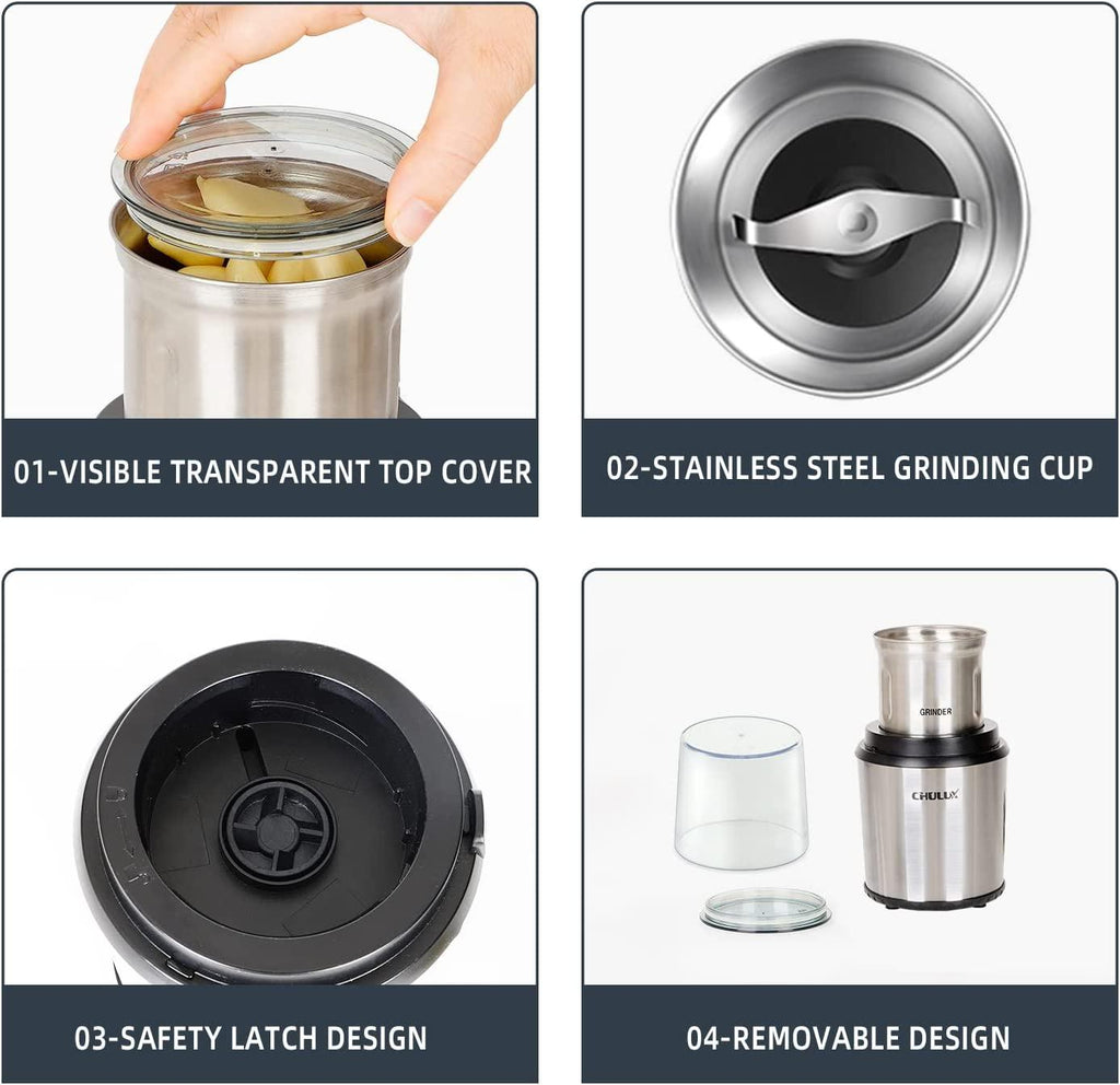 CHULUX Coffee Grinder Electric,Built-In Sharp Blade Spice Grinder with 2 Detachable Stainless Steel Bowls for Coffee, Spices, Herbs, Nuts, Grains,Lid Actived Safety Switch