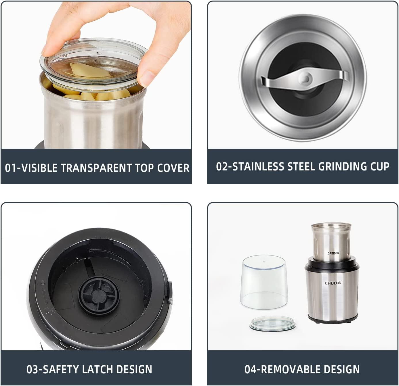 CHULUX Coffee Grinder Electric,Built-In Sharp Blade Spice Grinder with 2 Detachable Stainless Steel Bowls for Coffee, Spices, Herbs, Nuts, Grains,Lid Actived Safety Switch