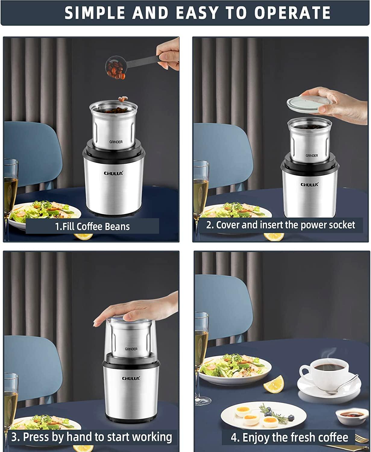 CHULUX Coffee Grinder Electric,Built-In Sharp Blade Spice Grinder with 2 Detachable Stainless Steel Bowls for Coffee, Spices, Herbs, Nuts, Grains,Lid Actived Safety Switch