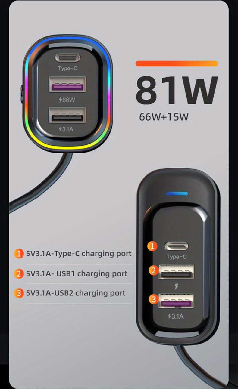 81W Fast Car CharThe Front And Rear Of The 6-port Expansion Car Are Charged Simultaneously 1 Type-C 2 USB 59.06inch Extension Cable Anti-slip Clamp