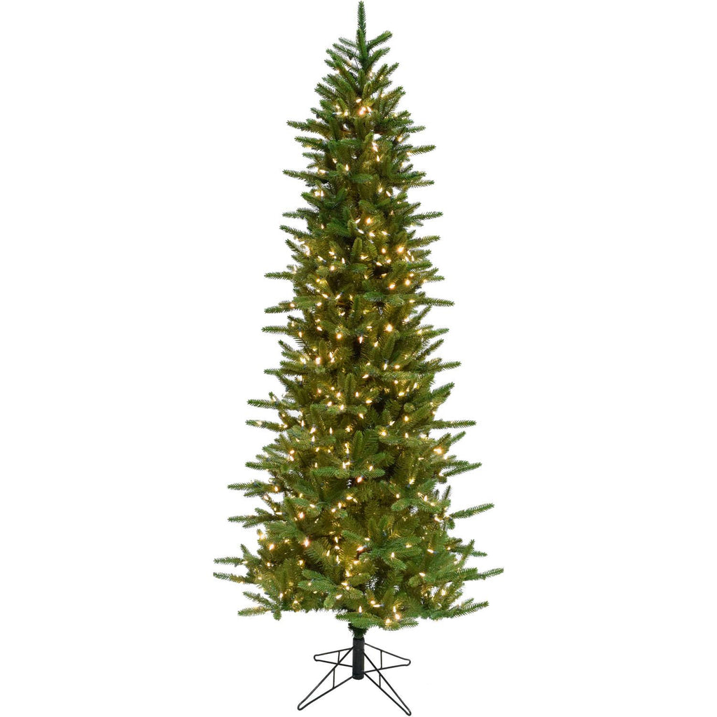 Fraser Hill Farm 9 Ft. Carmel Pine Slim Artificial Christmas Tree with Clear LED String Lighting
