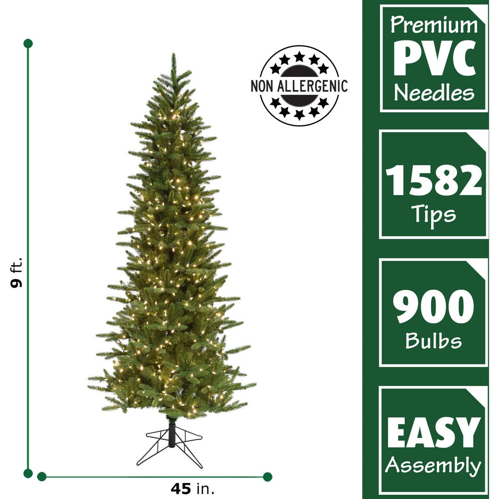 Fraser Hill Farm 9 Ft. Carmel Pine Slim Artificial Christmas Tree with Clear LED String Lighting