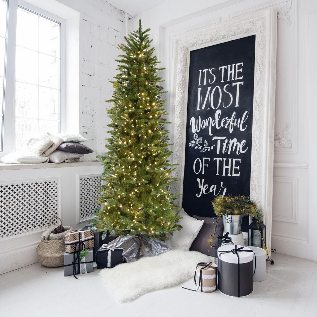 Fraser Hill Farm 9 Ft. Carmel Pine Slim Artificial Christmas Tree with Clear LED String Lighting