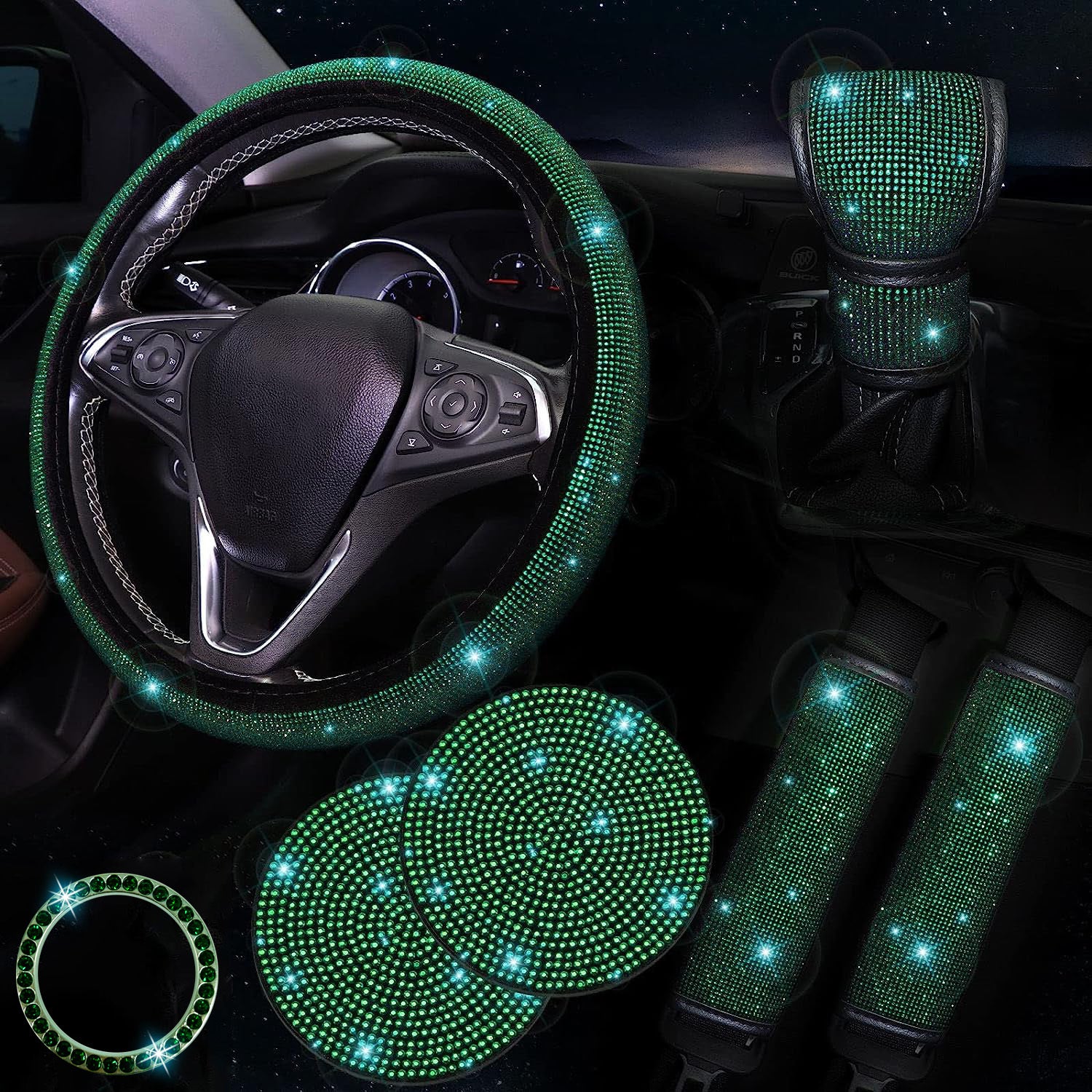 Bling Car Accessories For Women,Bling Steering Wheel Cover Bling Car Coasters Bling Set Seat Belt Shoulder Pads Ring Emblem Sticker Gear Shift Cover