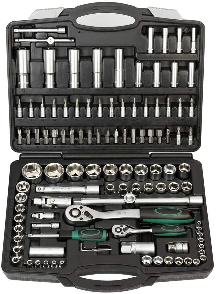 110-Piece Socket Wrench Set, Mechanic Tool Kit, Chrome Vanadium Steel | Socket Wrench Sleeve, Car Repair Hand Tool Kit with Portable StoraBox