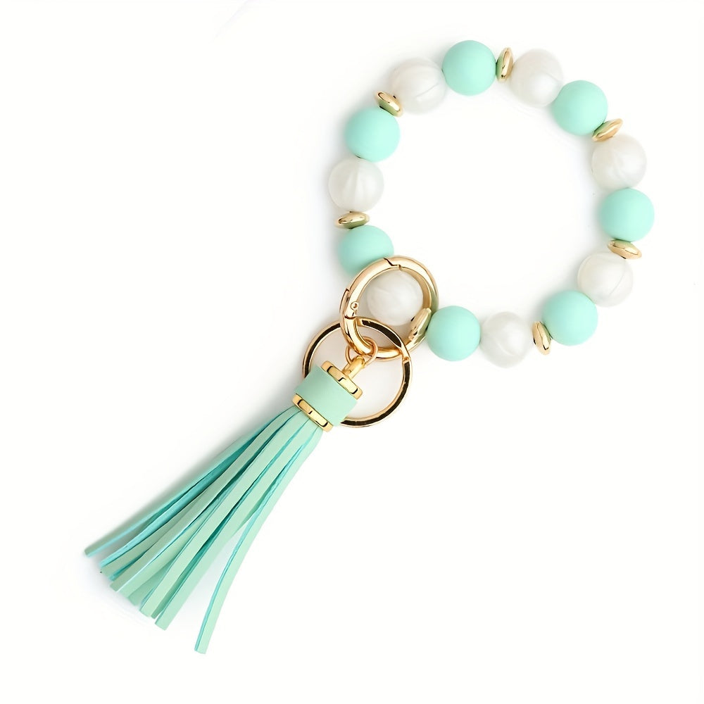 Silicone Beaded Bracelet Keychain, Key Ring Bangle Wristlet Keychain With Faux Leather Tassel For Women/Girls