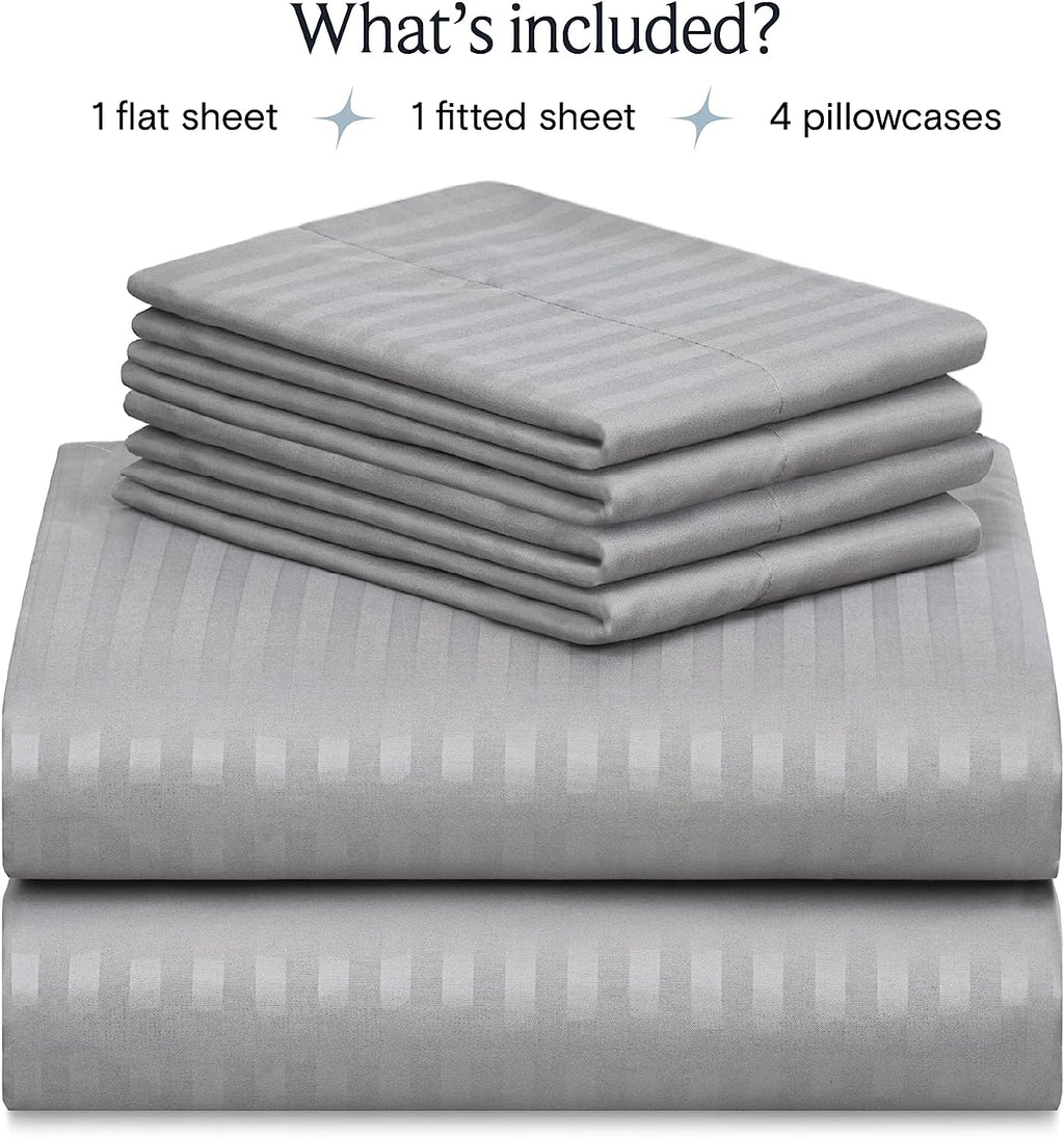 LuxClub Striped Sheets Set, 6 PC Striped Bed Sheets Full Size, Deep Pockets 18" Eco Friendly Wrinkle Free Cooling Sheets Machine Washable Hotel Bedding Silky Soft (Full, Striped Light Grey)