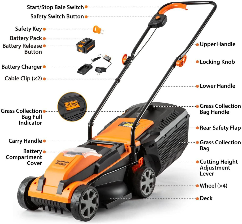 LawnMaster CLM2413A Cordless 13-Inch Lawn Mower 24V Max Lithium-Ion with 4.0Ah Battery and Charger