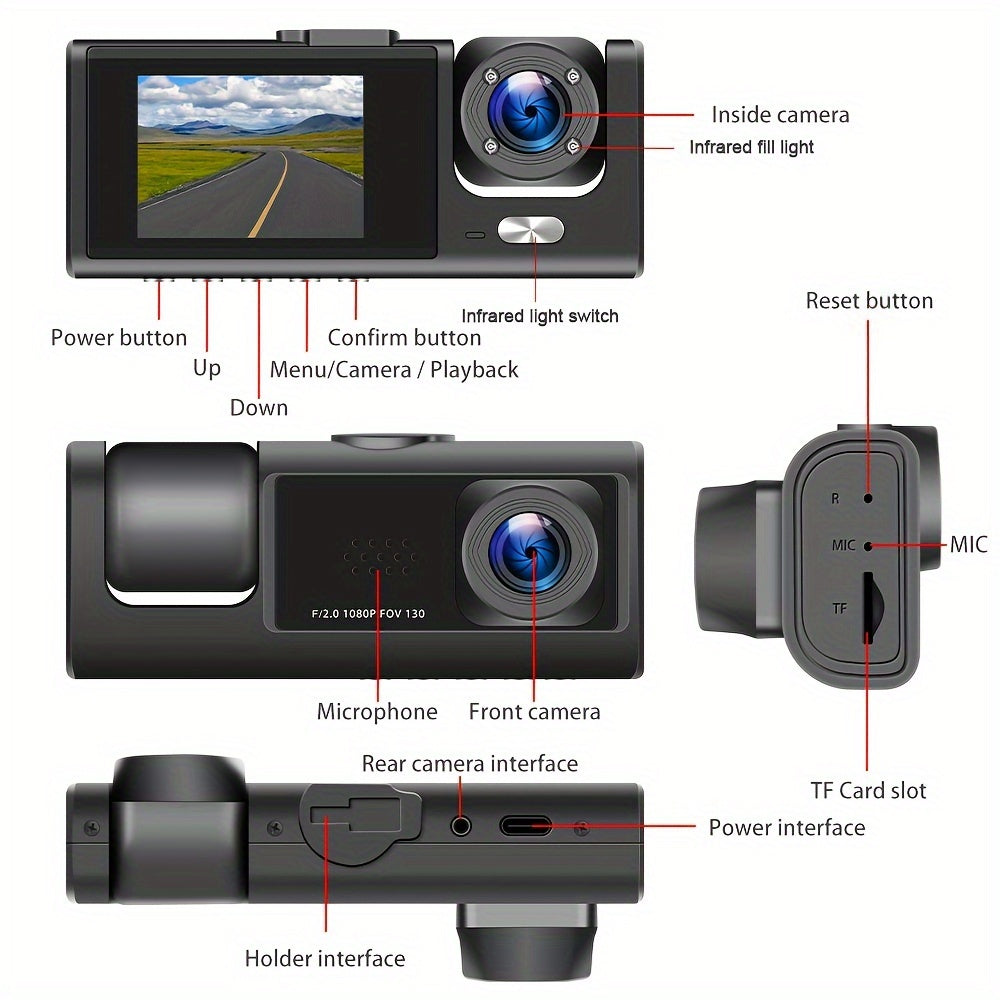 1080P 2 Cameras Dash Cam W/ IR Night Vision, Loop Recording &amp; 2" IPS Screen