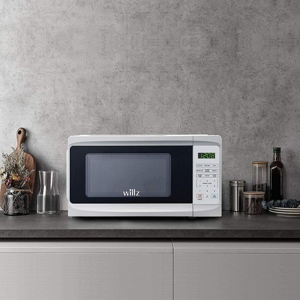 Willz WLCMD207WE-07 Countertop Microwave Oven, 0.7 Cu.Ft/700W Microwave Oven, 6 CooPrograms LED Lighting Push Button, 1 Glass Tray, 1 Roller Ring, 1 Shaft, 1 Power Cord, White