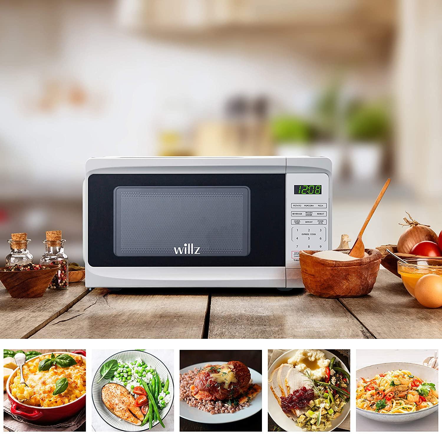 Willz WLCMD207WE-07 Countertop Microwave Oven, 0.7 Cu.Ft/700W Microwave Oven, 6 CooPrograms LED Lighting Push Button, 1 Glass Tray, 1 Roller Ring, 1 Shaft, 1 Power Cord, White