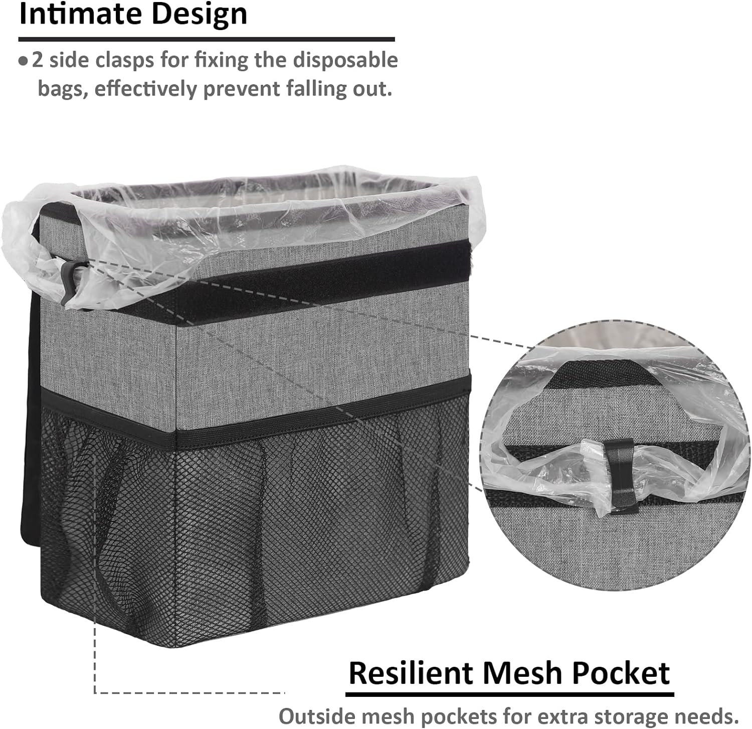 Vankor Cute Leak Proof Trash Can, Trash Bag Bin, Hanging Waterproof Automotive Garbage Cans For Vehicles, Car, Grey