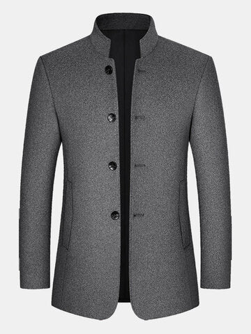 mens pure color stand collar single breasted warm woolen overcoats