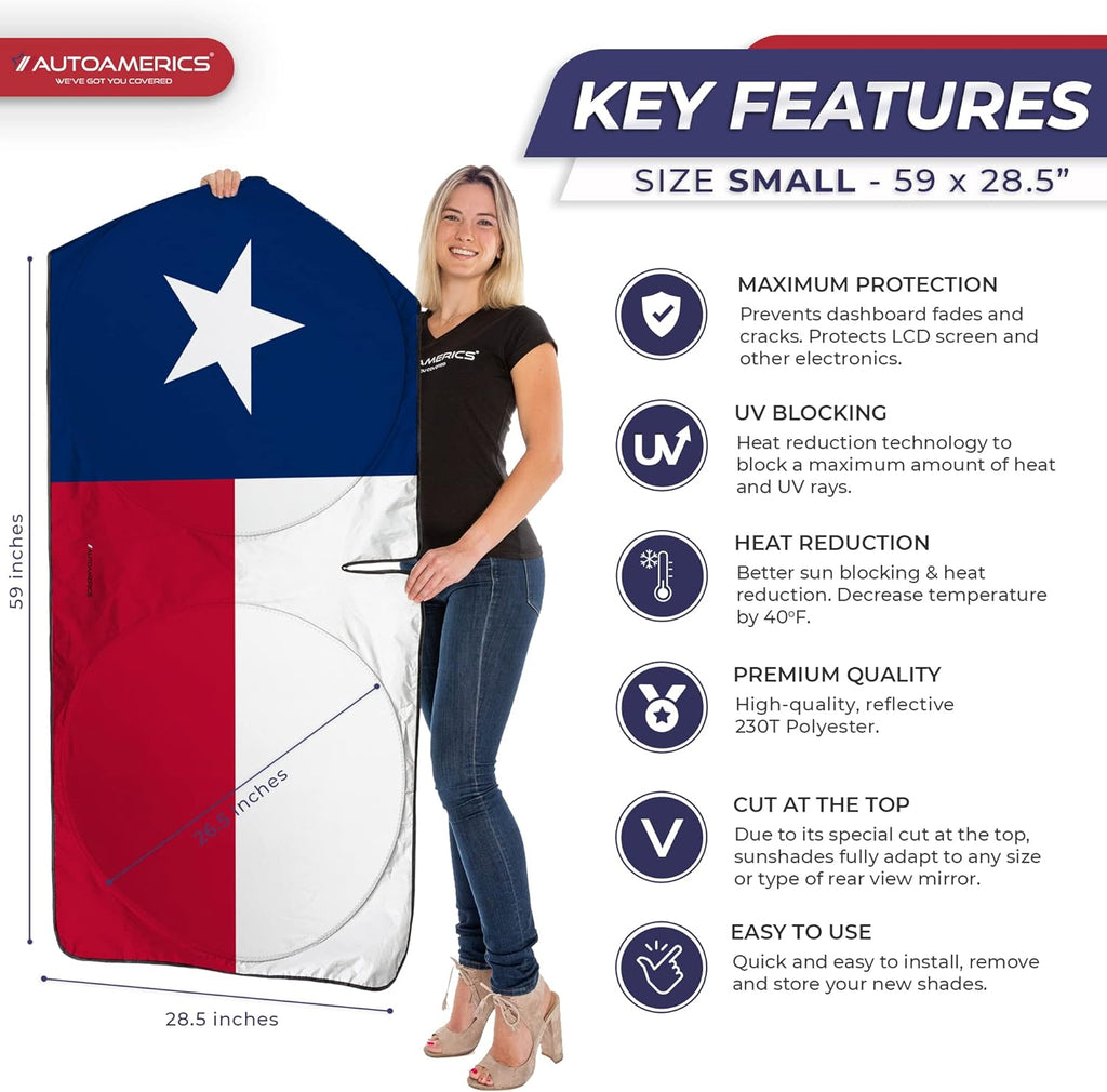 Autoamerics 1-Piece Windshield Sun Shade American Texas Flag USA Patriotic  - Foldable Car Front Window Sunshade for Sedans SUV Truck - Blocks Max UV Rays and Keeps Your Vehicle Cool - Small