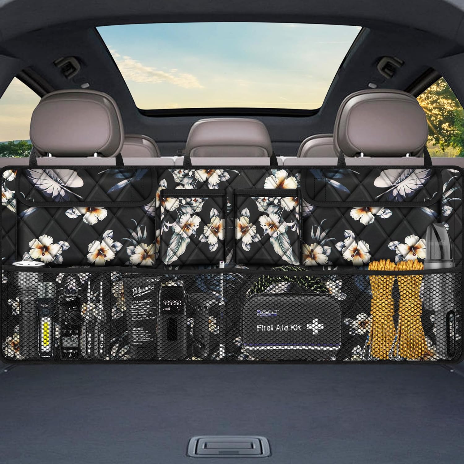 Femuar Car Trunk Organizer,Large Capacity Backseat Trunk Organizer(42"*18"),Collapsible Car Storage Bag with 8 Pocekt,Car Organizer for SUV/MPV/Truck - Hibiscus