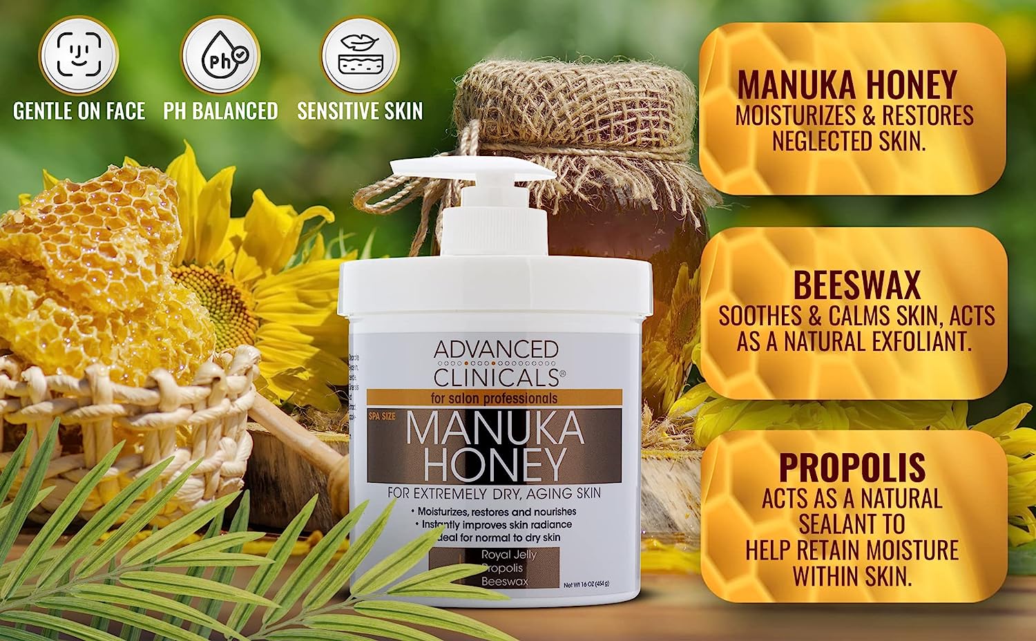 Advanced Clinicals Vitamin C &amp; Manuka Honey Moisturizer Set - Anti Aging Body &amp; Face Creams for Dry Skin, Wrinkles, 16 Oz (2-Pack)