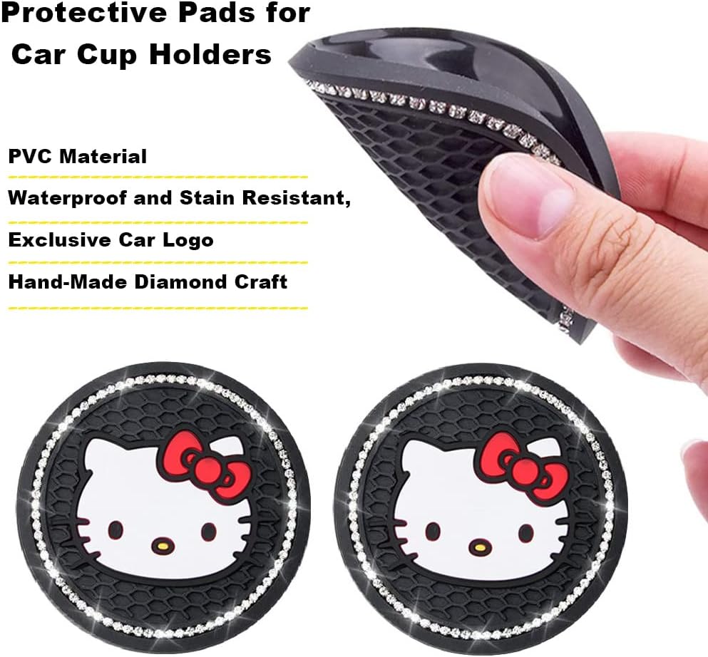 2PCS Car Cup Holders Coasters Hello Kitty,Black Silicone Anti-Slip Car Drink Coasters for Women Girls, Car Cup Pads, 2.75 Inch