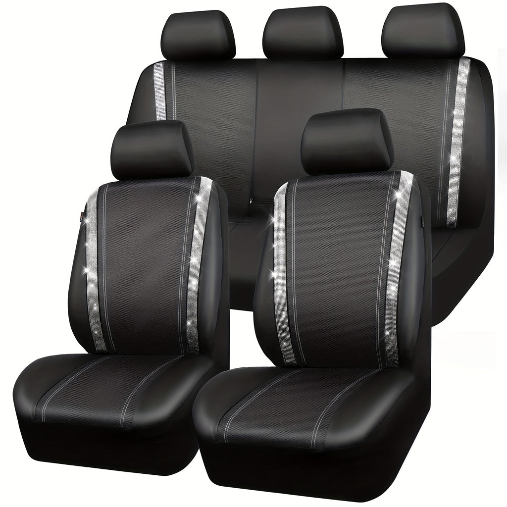 Bling Car Seat Covers Full Set, Shining Rhinestone Waterproof Leather Seat Covers For Women,Universal Fit 95% Automotive, Silver Artificial Diamond