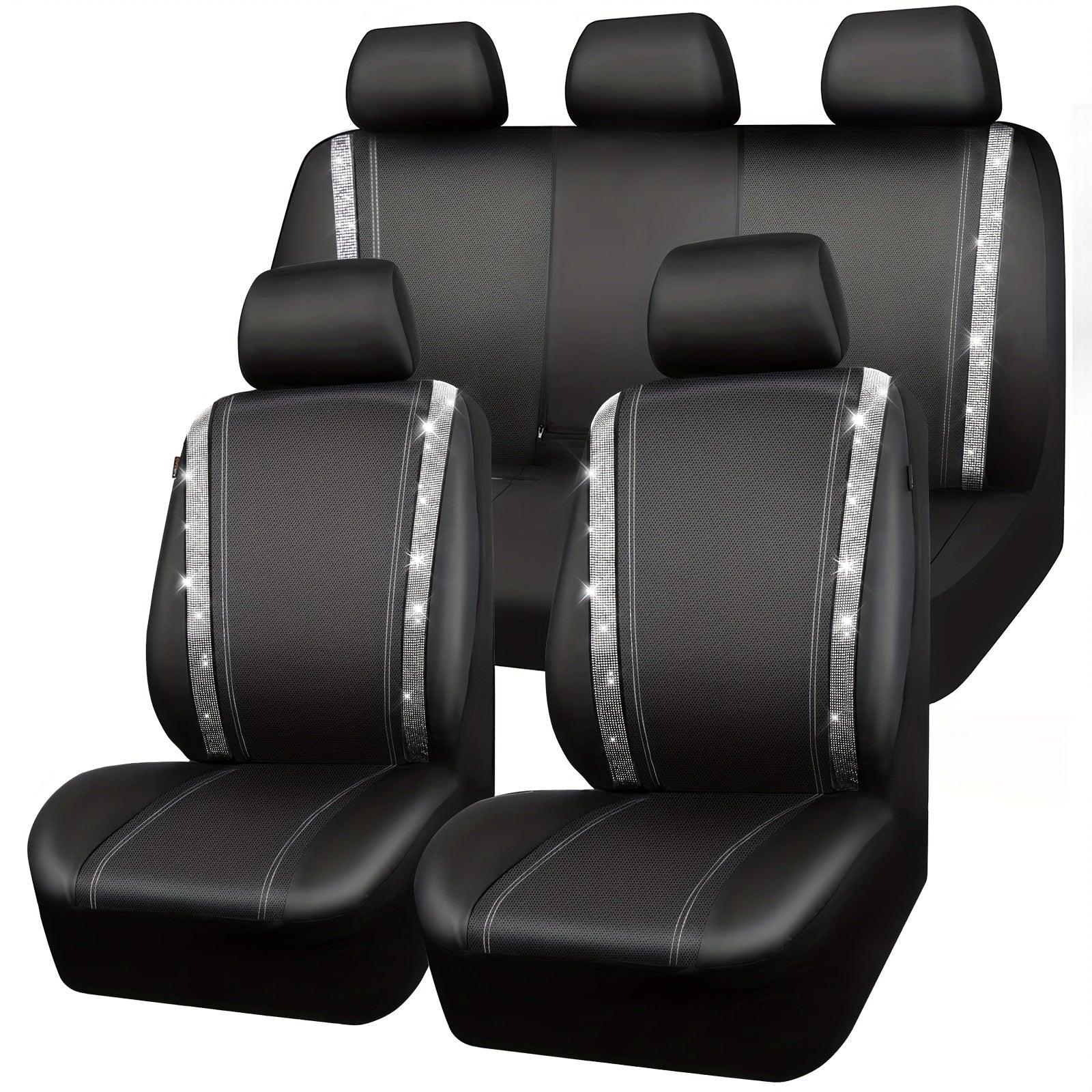Bling Car Seat Covers Full Set, Shining Rhinestone Waterproof Leather Seat Covers For Women,Universal Fit 95% Automotive, Silver Artificial Diamond