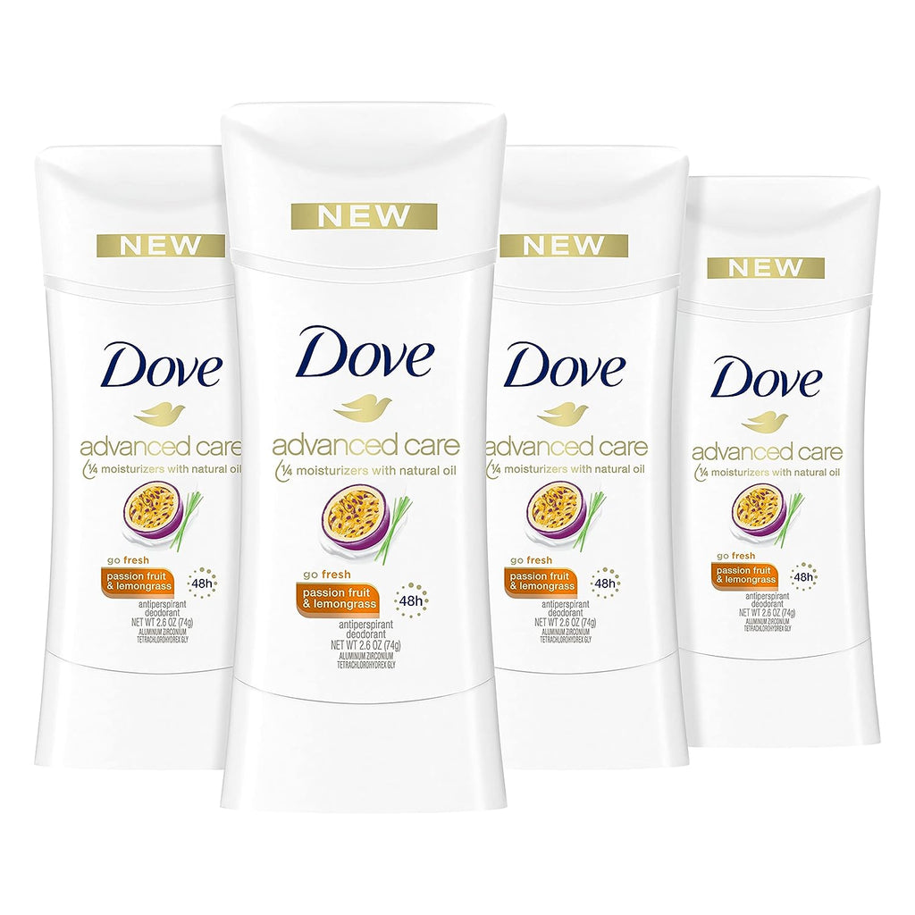 Dove Advanced Care Deodorant Passion Fruit + Lemongrass 4 Count for 48-Hour Sweat and Odor Protection Non-Irritating Antiperspirant with 0% Alcohol 2.6 oz