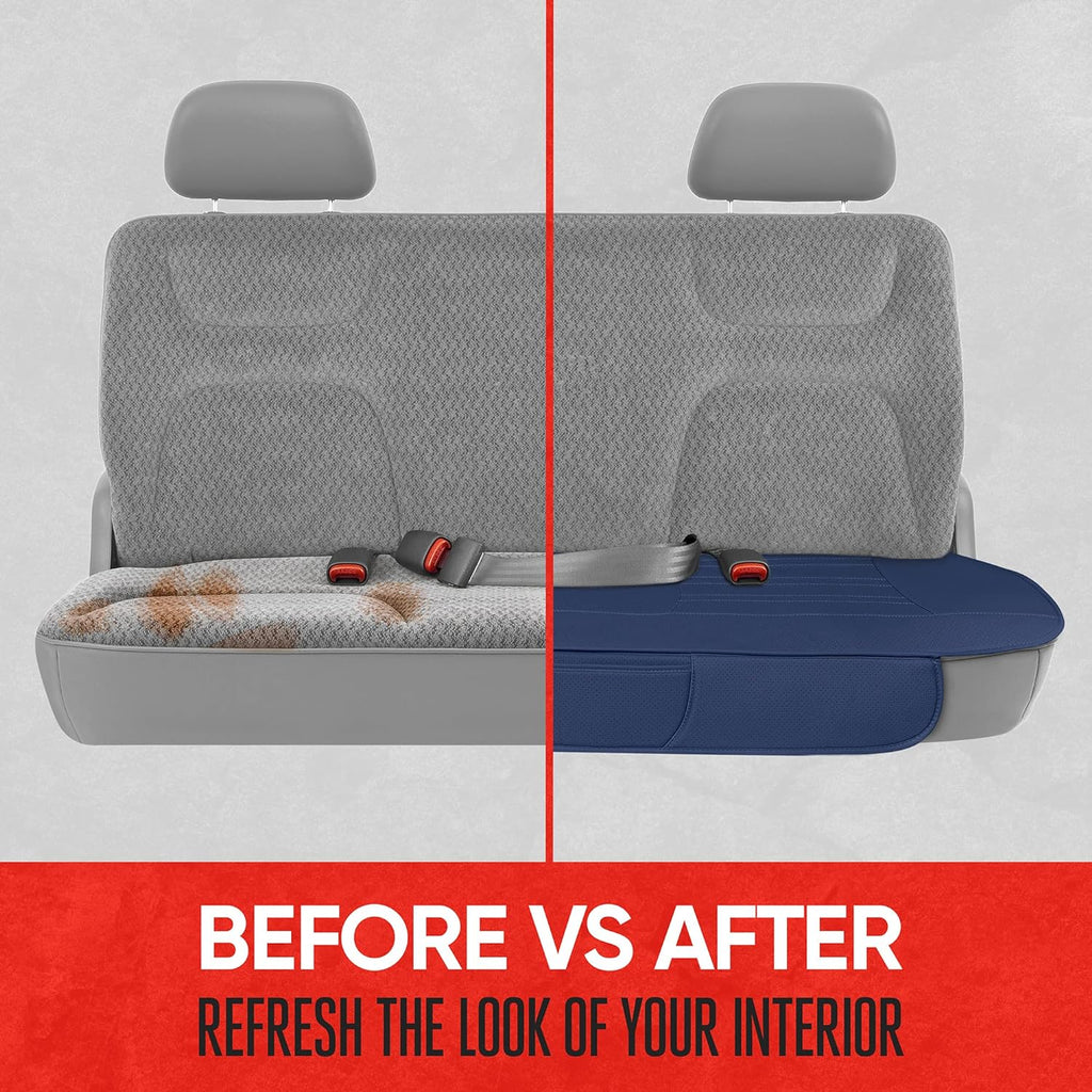 Motor Trend Seat Cover for Cars Trucks SUV, Faux Leather Rear Bench Blue Padded Car Seat Cover with Storage Pockets, Premium Interior Car Seat Cover