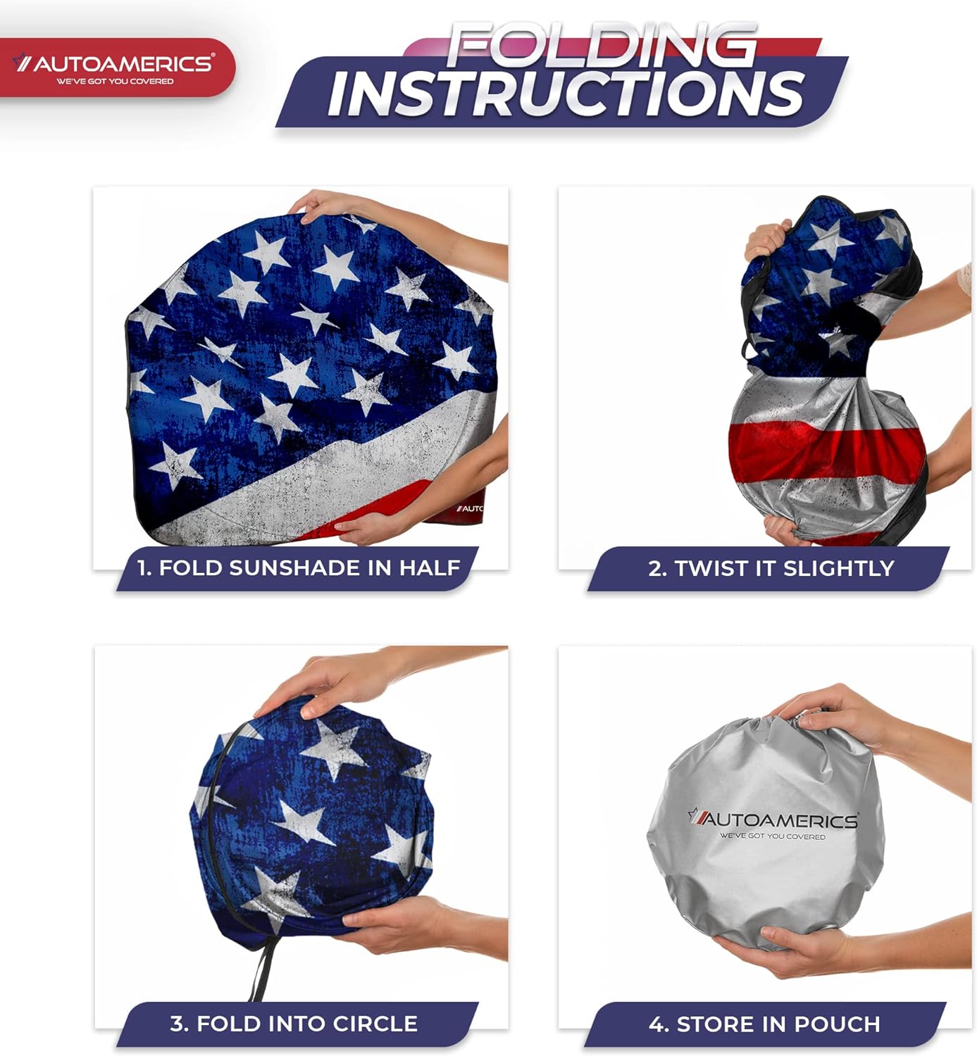 Autoamerics 1-Piece Windshield Sun Shade Grunge American Flag - 4 USA  - Foldable Car Front Window Sunshade for Most Sedans SUV Truck - Blocks Max UV Rays and Keeps Your Vehicle Cool - Medium