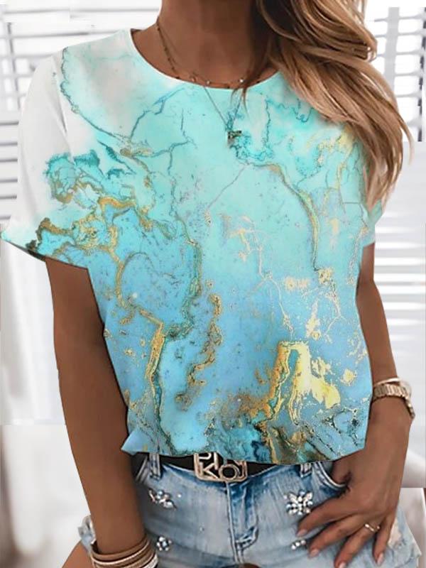 Ladies short sleeve round neck marble print T-shirt