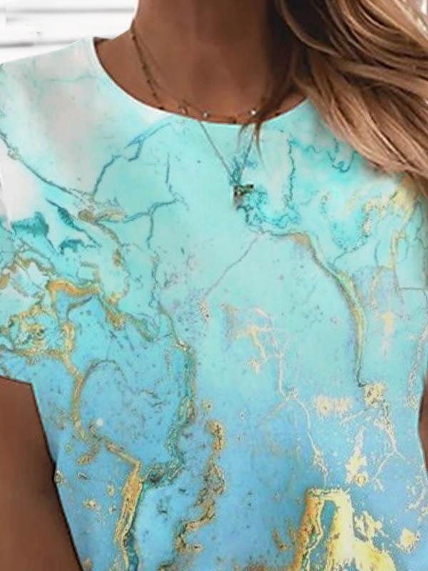 Ladies short sleeve round neck marble print T-shirt