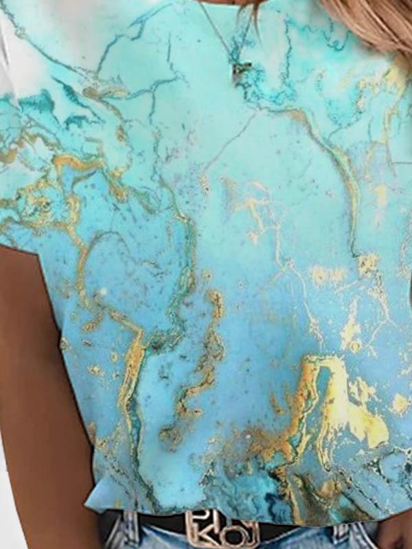 Ladies short sleeve round neck marble print T-shirt