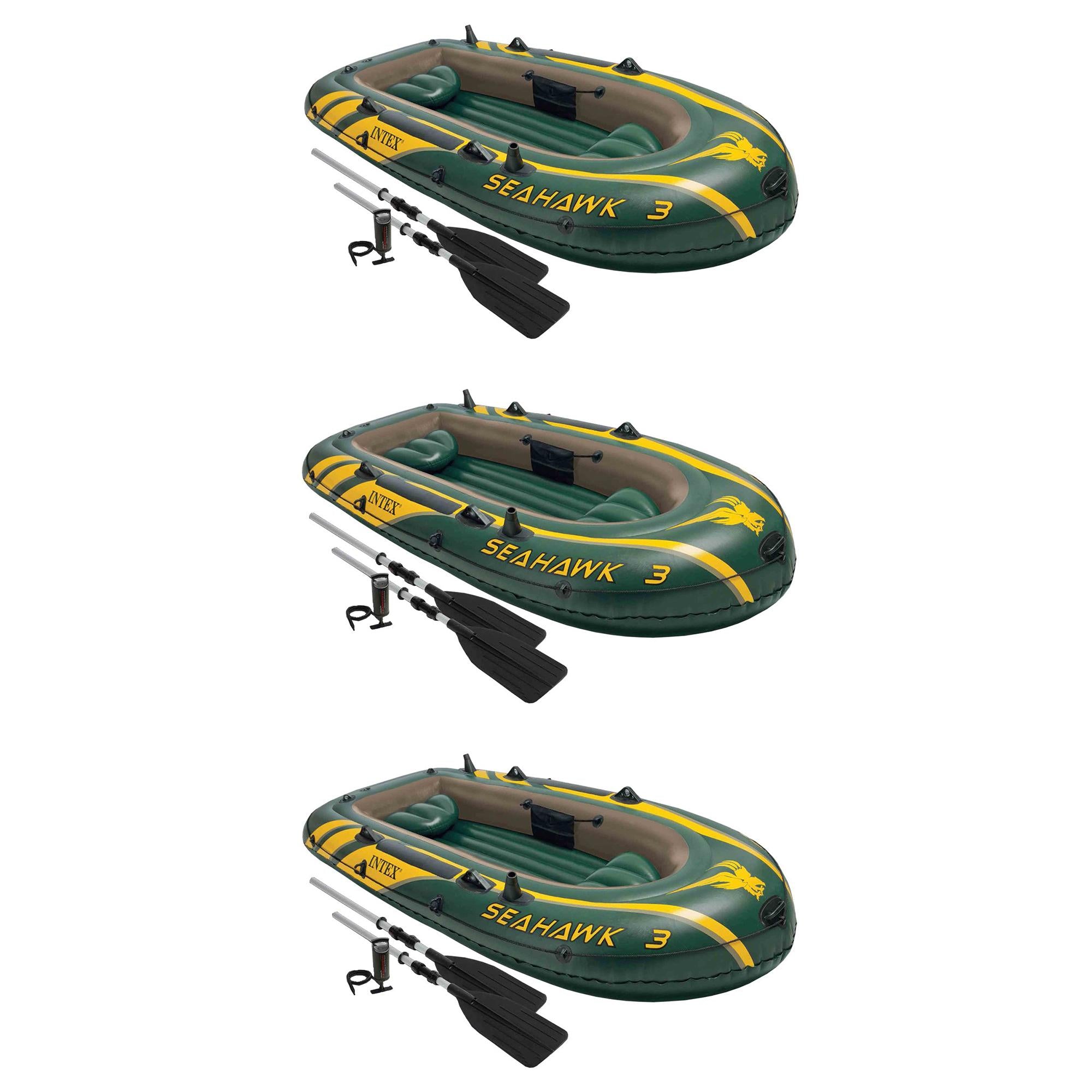 Seahawk 3 Person Inflatable Boat Set with Aluminum Oars &amp; Pump (3 Pack)