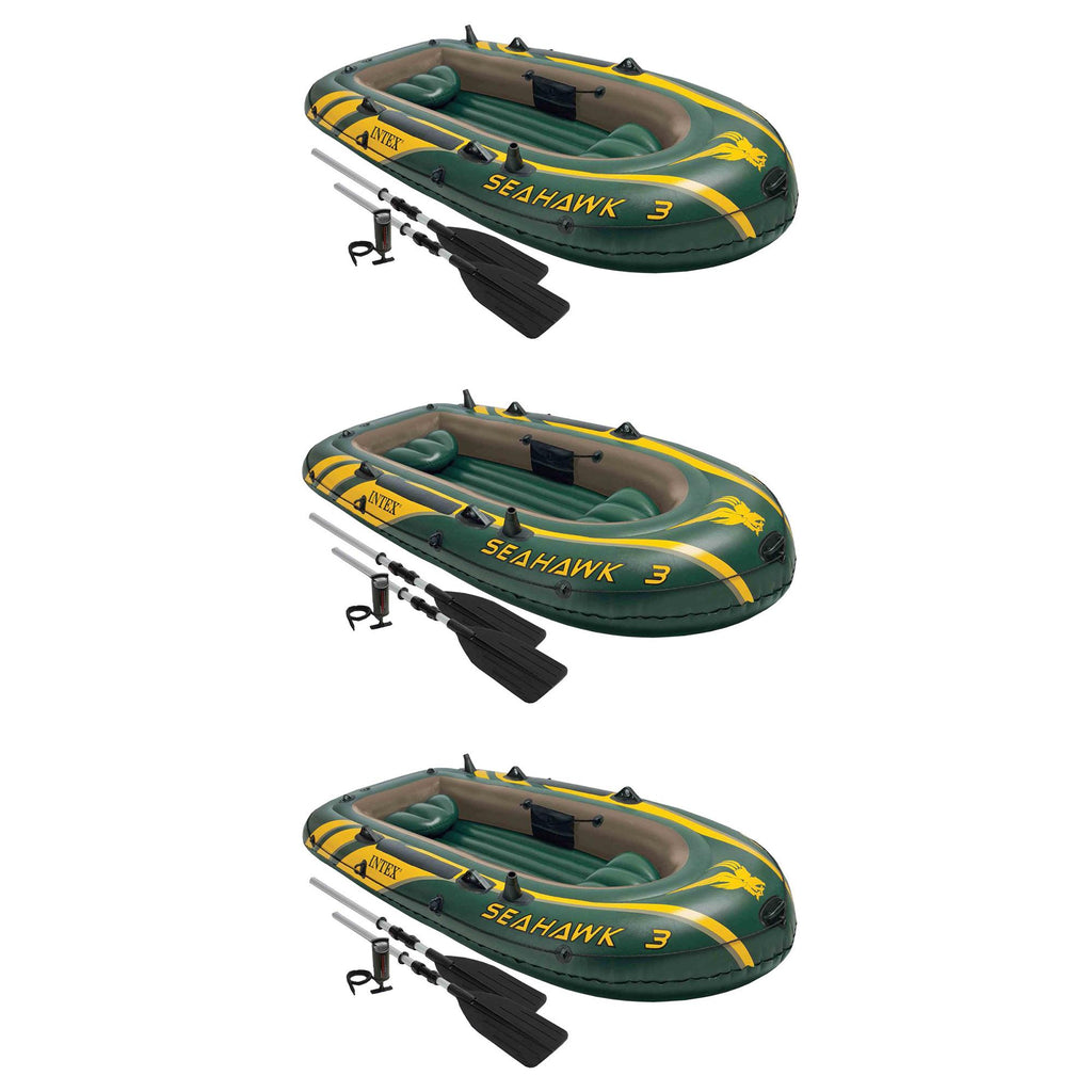 Seahawk 3 Person Inflatable Boat Set with Aluminum Oars &amp; Pump (3 Pack)